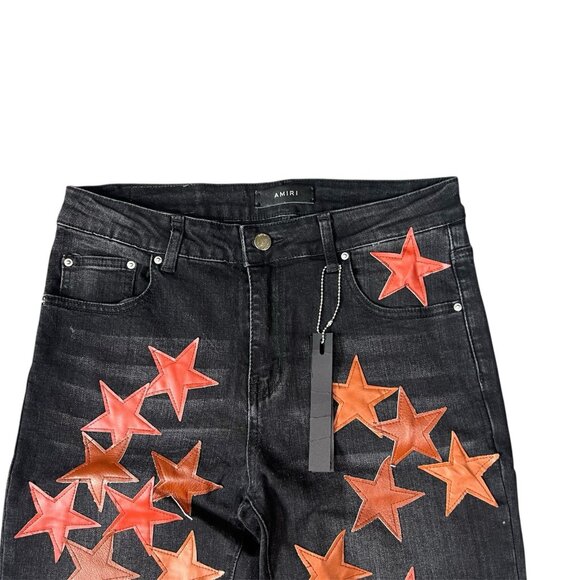AMIRI Star Patch Jeans Black Leather Red Brown Size 32 Designer Denim USA Rare - Picture 2 of 16